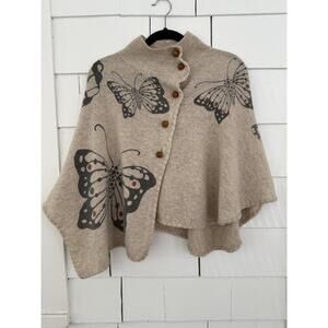 Anthropologie Moth Women's OS Wool Blend Butterfly Print Cape Sweater Artsy RARE